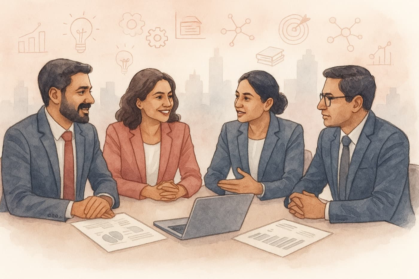 Watercolour illustration of business professionals meeting around a table